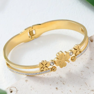 Pulseira de Aço Inoxidável de Luxo com Trevo de Quatro Folhas e Zircônia